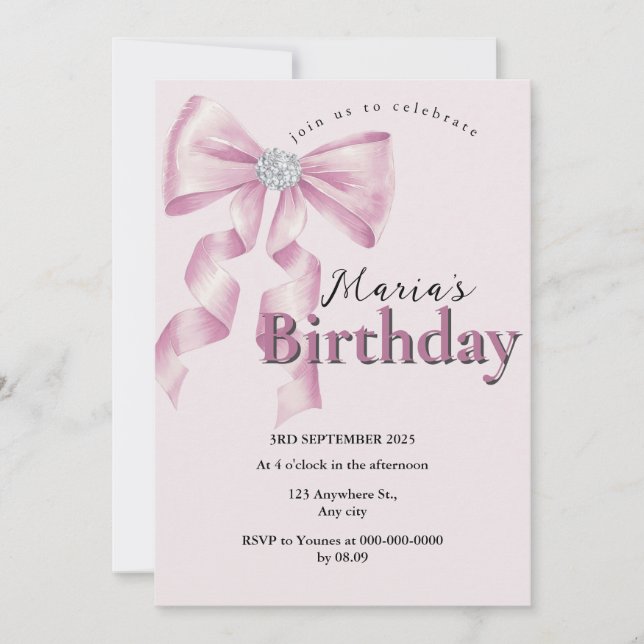 Invitación Lazo Coquette Rosa Sparkle 1er (Anverso)