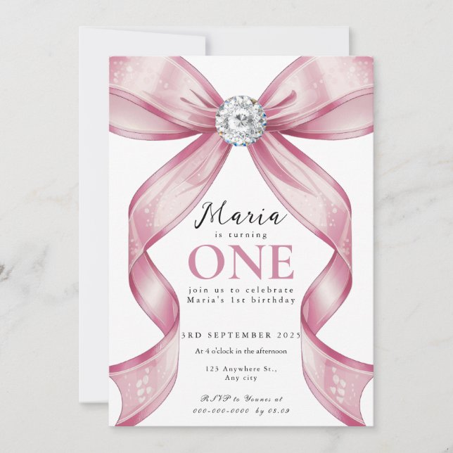 Invitación Lazo Coquette Rosa Sparkle 1er (Anverso)