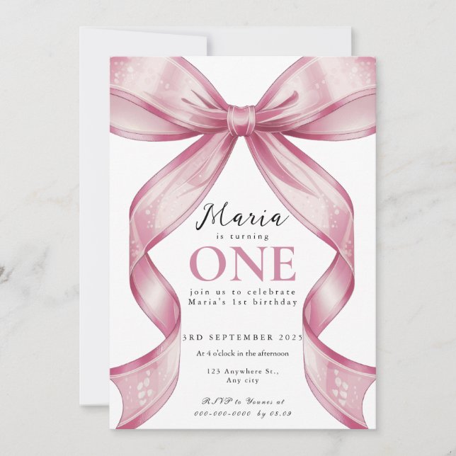 Invitación Lazo Coquette Rosa Sparkle 1st (Anverso)