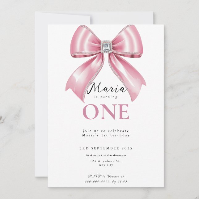 Invitación Lazo Coquette Rosa Sparkle 1st (Anverso)