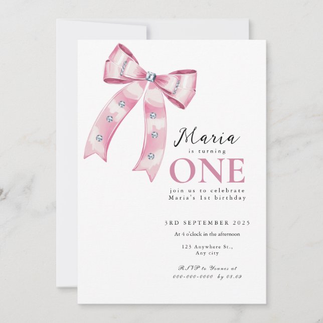 Invitación Lazo Coquette Rosa Sparkle 1st (Anverso)