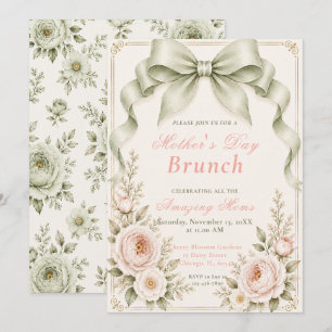 Invitación Lazo Coquette Verde Salvia Floral Desayuno Día de 