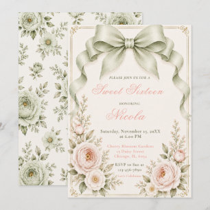 Invitación Lazo Coquette Verde Salvia Floral Dulces Dieciséis