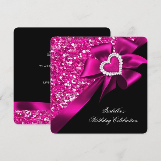 Invitación Lazo Corazón Rosa Caliente Real Brillo Fiesta Negr (Anverso / Reverso)