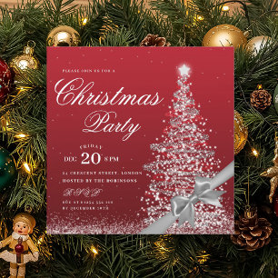 Invitación Lazo de árbol de Navidad de invierno rojo plateado