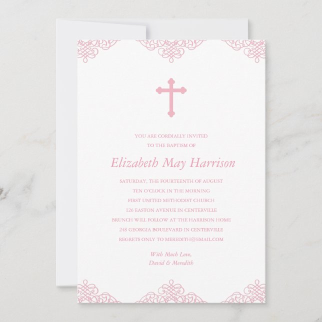 Invitación Lazo de Bonito| Bautismo/cristianismo Chicas rosas (Anverso)