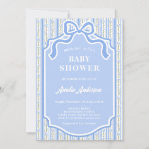 Invitación Lazo de cinta azul elegante coqueta raya floral