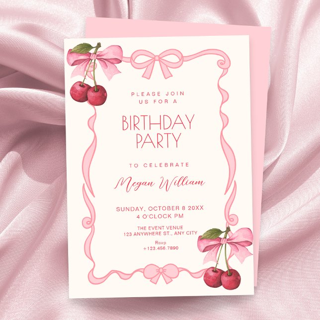Invitación Lazo de cinta de cereza de cumpleaños rosa (Subido por el creador)