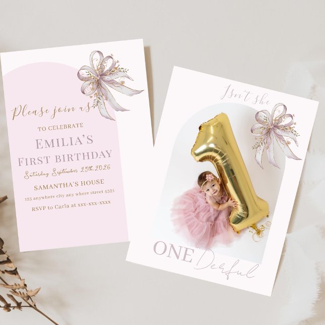 Invitación Lazo de cinta de lavanda Chic primer cumpleaños  (Subido por el creador)