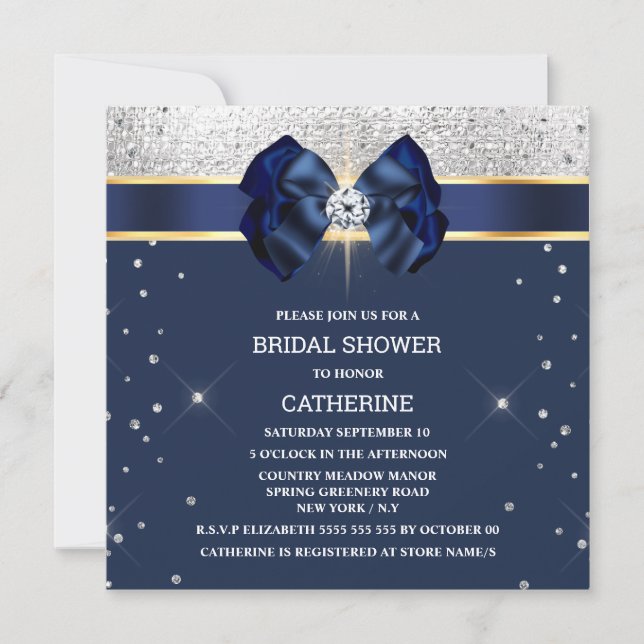 Invitación Lazo de cinta de purpurina azul plateado dorado br (Anverso)