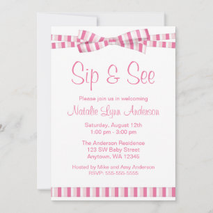 Invitación Lazo de cinta de rayas rosadas para sip y ver