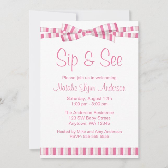 Invitación Lazo de cinta de rayas rosadas para sip y ver (Anverso)