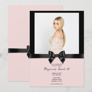 Invitación Lazo de cinta de satén negro Rubor Rosa Foto Dulce