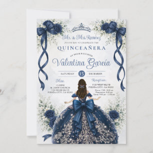 Invitación Lazo de cinta floral azul marino Quinceañera Cumpl