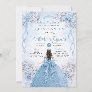 Invitación Lazo de cinta floral azul polvoriento Quinceañera