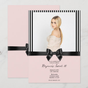 Invitación Lazo de cinta negro rayas rubor rosa foto dulces 1