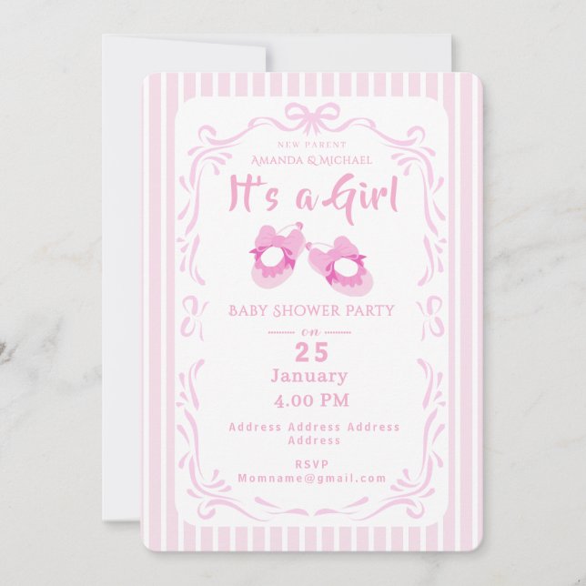Invitación Lazo de cinta para niña Zapato de bebé (Anverso)