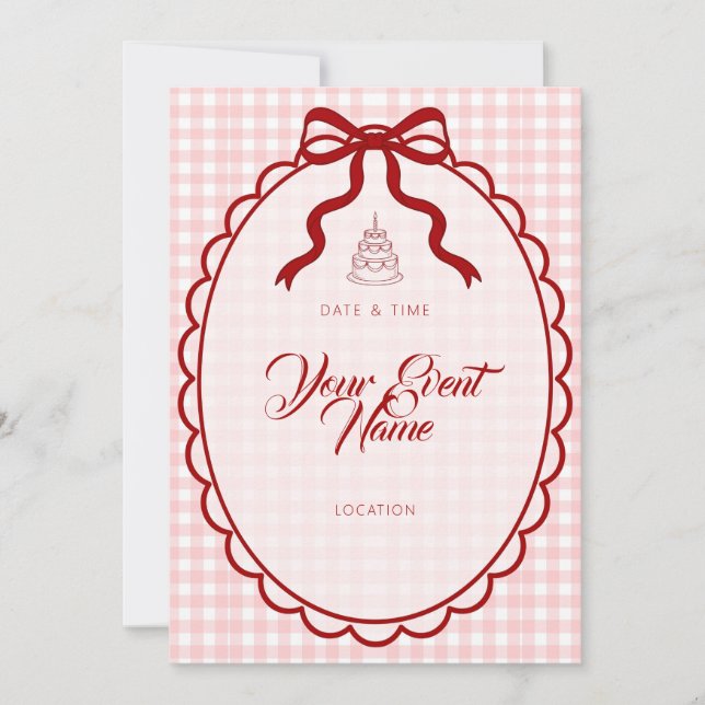 Invitación Lazo de cinta roja de gingham rosa (Anverso)