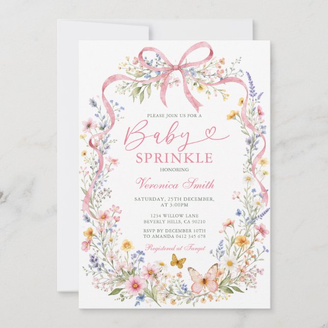 Invitación Lazo de cinta rosa de flores silvestres para baby  (Anverso)