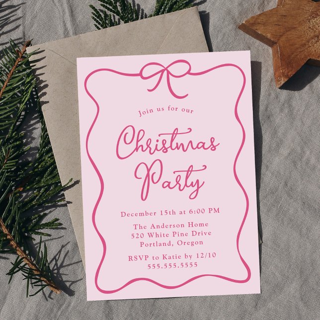 Invitación Lazo de cinta rosa elegante para fiesta de Navidad (Subido por el creador)