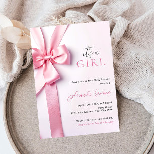 Invitación Lazo de cinta rosa para baby shower Es una niña
