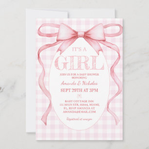 Invitación Lazo de cinta rosa vintage lindo Es una ducha de n