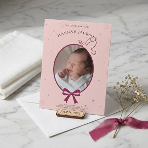 Invitación Lazo de cinta rosa vintage óvalo foto niña bebé