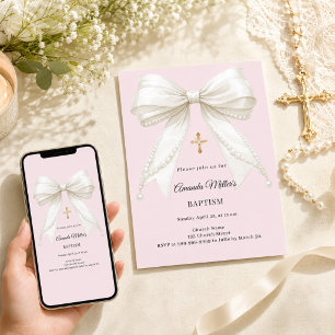 Invitación Lazo de color rosa polvoriento marfil perlas Bauti