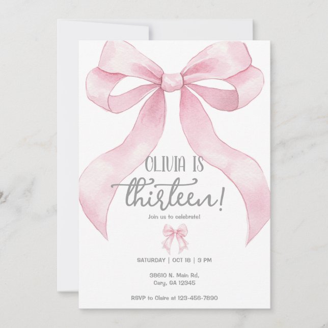 Invitación Lazo de coqueta rosa cumpleaños de adolescente niñ (Anverso)