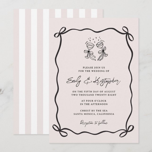 Invitación Lazo de Coqueta Rosa para Boda (Anverso / Reverso)