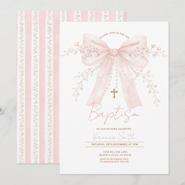Invitación Lazo de Coqueta Rosa Perlas Bautizo (Anverso / Reverso)