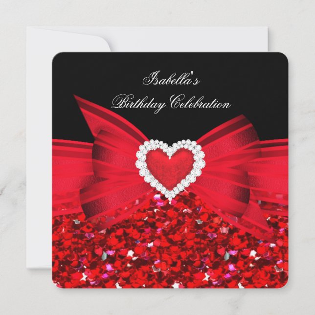 Invitación Lazo de Corazón Rojo Brillante Fiesta de Cumpleaño (Anverso)
