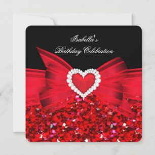 Invitación Lazo de Corazón Rojo Brillante Fiesta de Cumpleaño