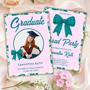 Invitación Lazo de Cuadros Azul Teal con Flor Silvestre Foto