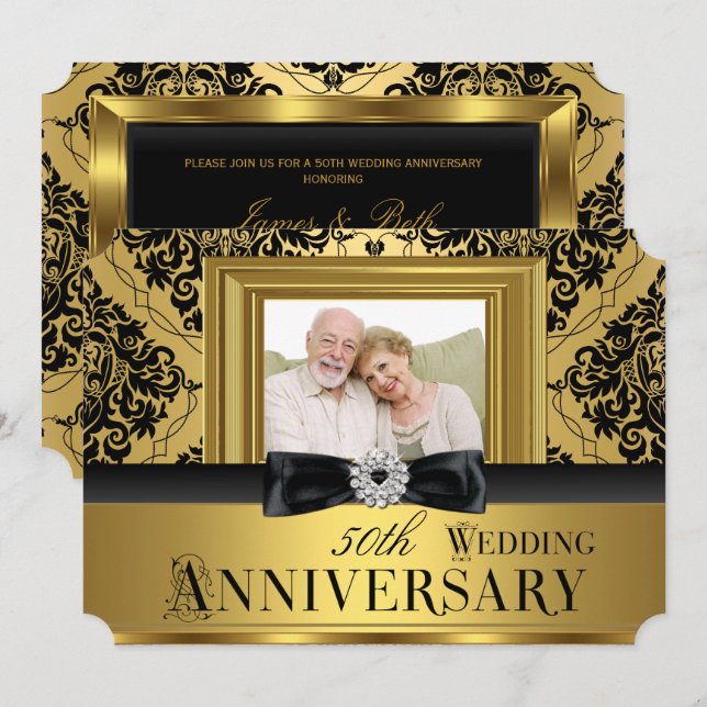 Invitación Lazo de Damasco Dorado Foto Aniversario de Bodas 5 (Anverso / Reverso)