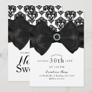 Invitación Lazo de damasco negro y blanco Glam Sweet 16 Party