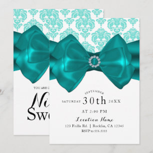 Invitación Lazo de Damasco Verde Azul y Blanco Glam Chic Fies