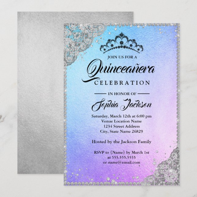 Invitación Lazo de Diamante Esparkle Azul Púrpura Quinceanera (Anverso / Reverso)