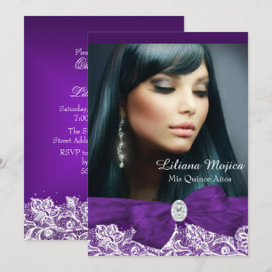 Invitación Lazo de Diamante Morado y Encaje Bonito Quinceañer