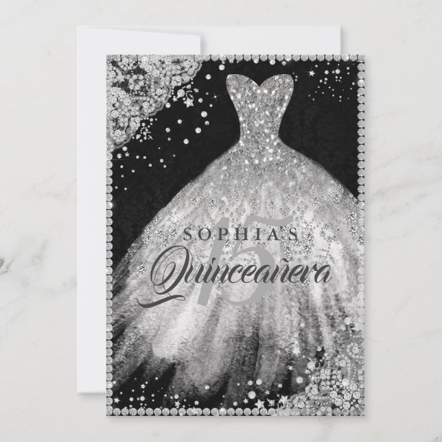 Invitación Lazo de diamante negro plateado gown Quinceanera (Anverso)