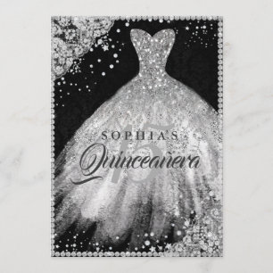 Invitación Lazo de diamante negro plateado gown Quinceanera