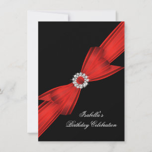 Invitación Lazo de diamante rojo con purpurina Cumpleaños neg