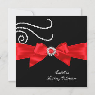 Invitación Lazo de diamante rojo con purpurina Cumpleaños neg