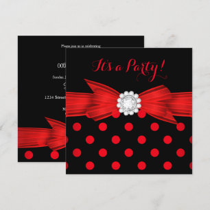 Invitación Lazo de Diamantes de Lunares Rojos Fiesta Negra