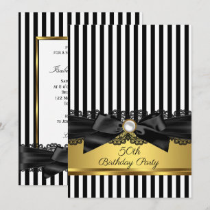 Invitación Lazo de encaje de raya blanca negra Dorado cumplea