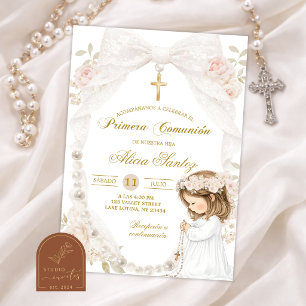 Invitación Lazo de encaje marfil perla niña arrodillada Comun