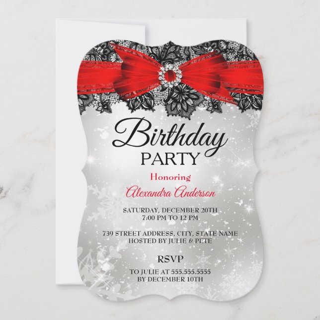 Invitación Lazo de encaje plateado rojo fiesta de cumpleaños (Anverso)
