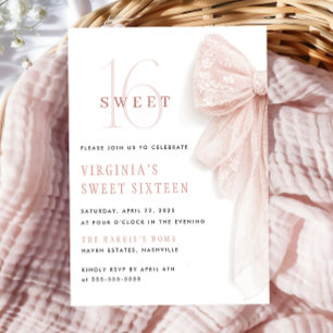 Invitación Lazo de encaje rosa Chic Cumpleaños Sweet 16