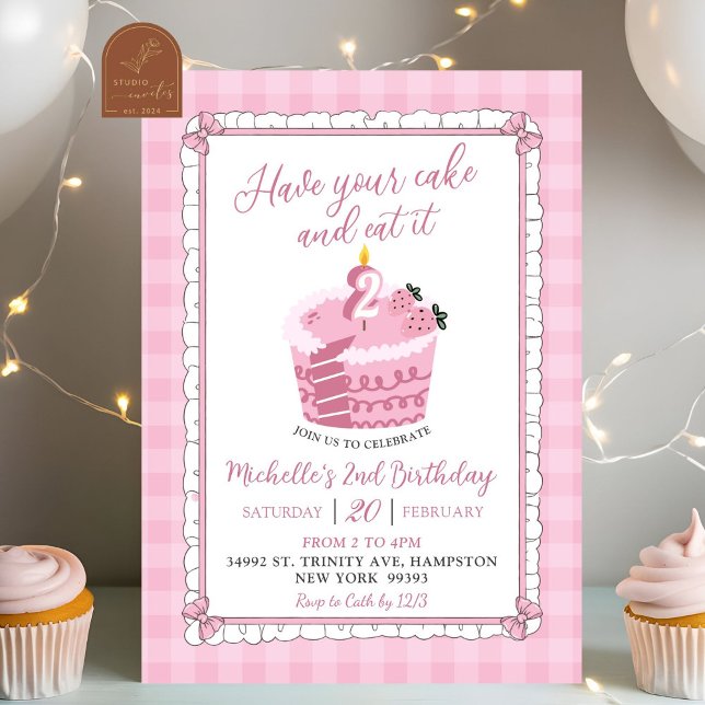 Invitación Lazo de encaje rosa Come tu pastel y cómetelo Cump (Subido por el creador)