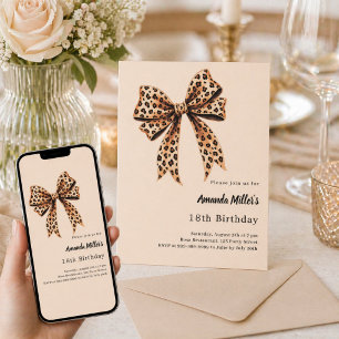 Invitación Lazo de estampado de leopardo marrón beige cumplea